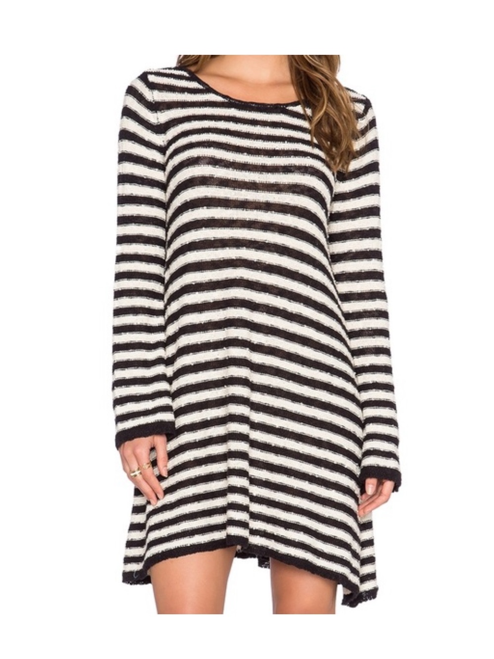 Free People Striped Knit Tunic Swing Sweater Dress Cotton Black White Size L
